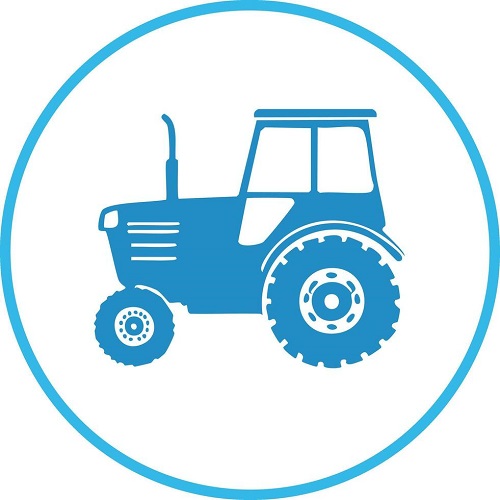simple blue farm tractor silhouette icon in a circle for agriculture and farming concepts graphic vector